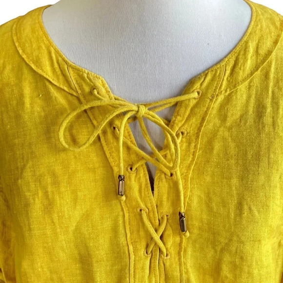 Maeve Anthropologie Linen Top, Size 6, Marva Mustard Yellow Gold Lace-up Neck - Picture 3 of 11